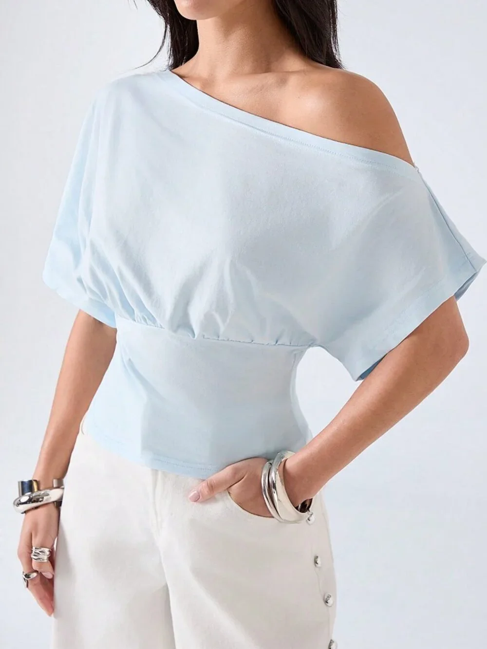 Mint Blue Casual Women's Lace Patchwork Ruffle T-Shirt